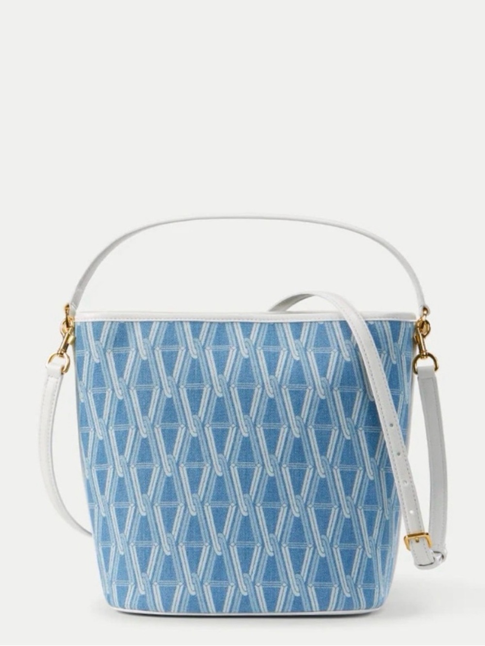 Veronica Beard Large V Link Blue Geometric Bucket Bag with White Trim